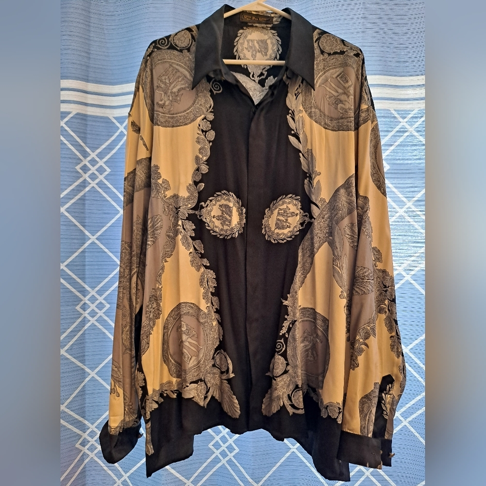 VTG Seta Per Uomo Mens Italy Silk Shirt  XL black & grey Medussa Baroque Barocco